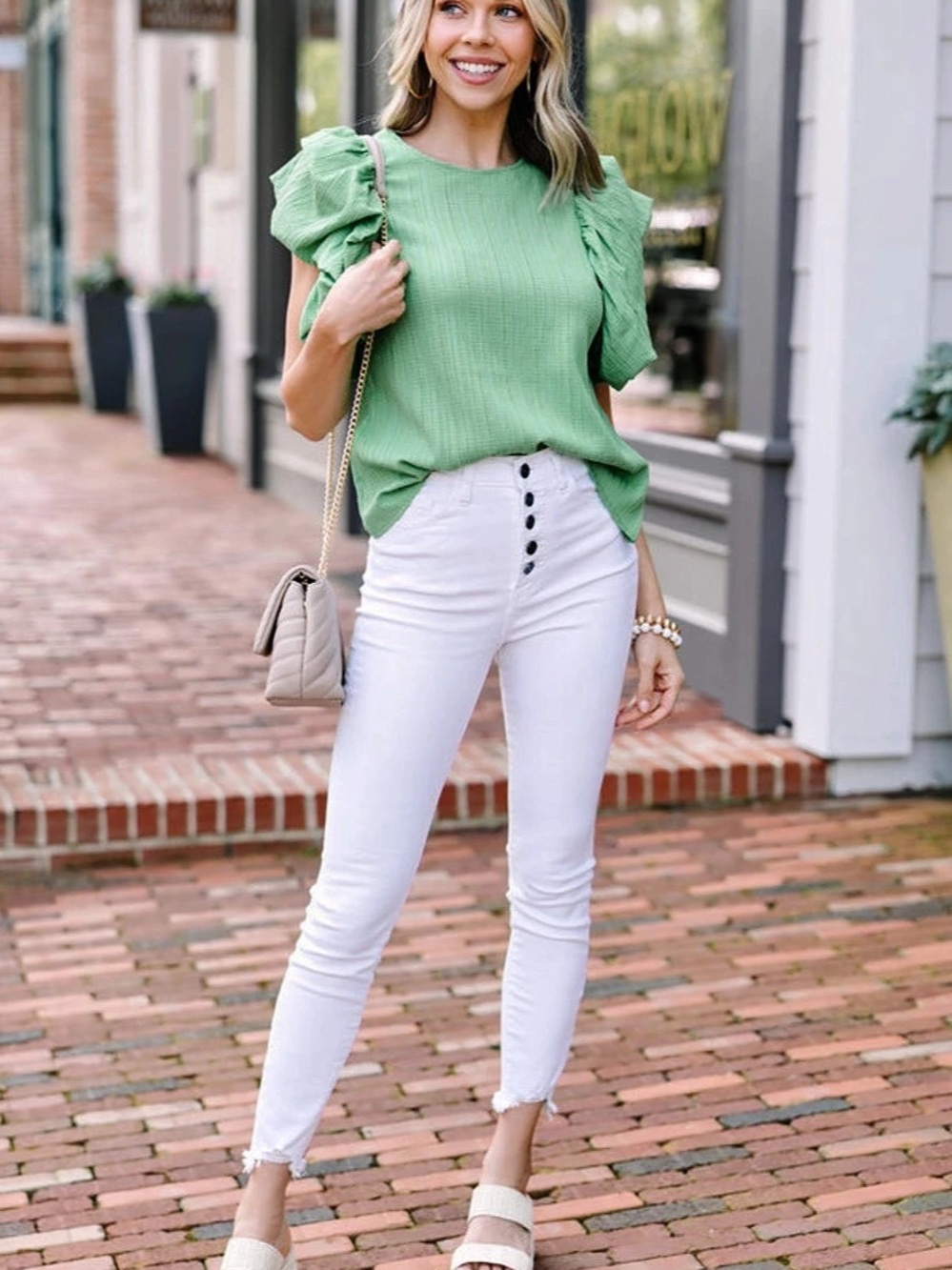 THML Green Ruffle Sleeve Blouse Size Large